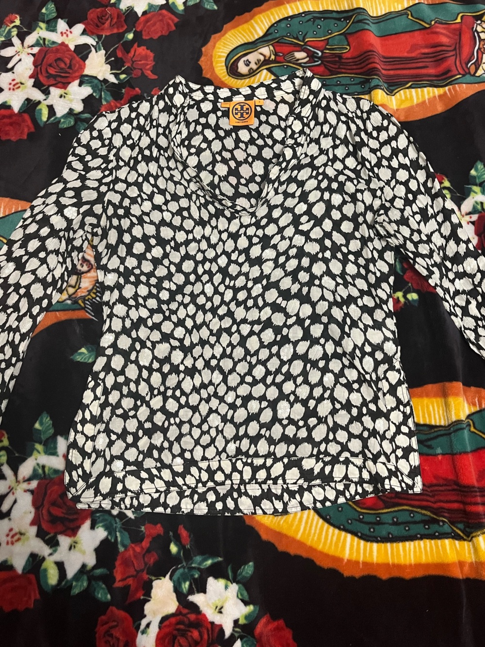 Tory Burch Black and White Dot-Print Long Sleeve Blouse